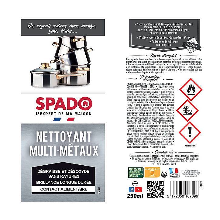 Nettoyant multi-métaux contact alimentaire Spado 250ml