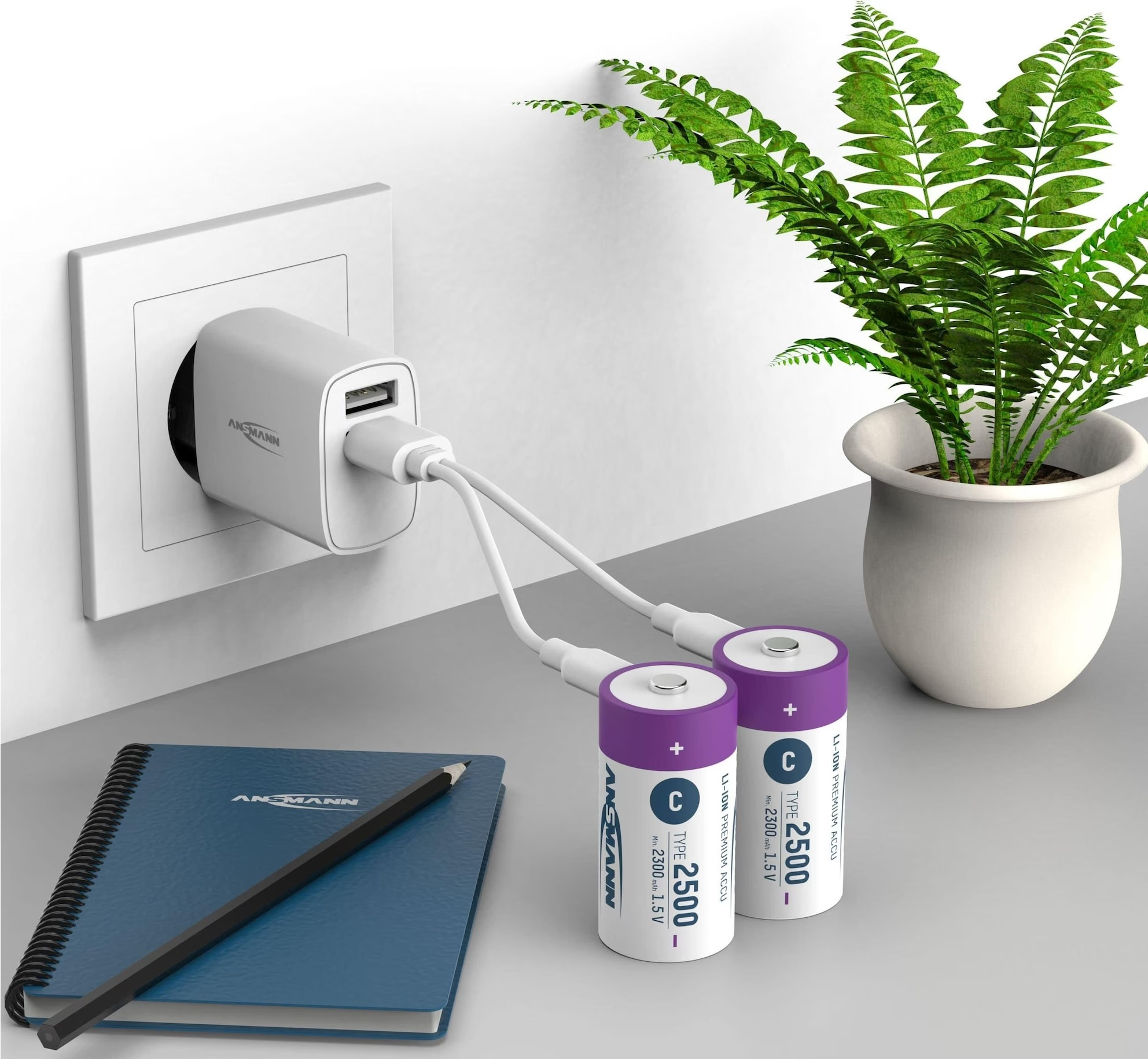 (2er Set) 2500mAh Wiederaufladbarer LR14 Lithium Ionen Akku USB C Baby Batterie (1313-0004)