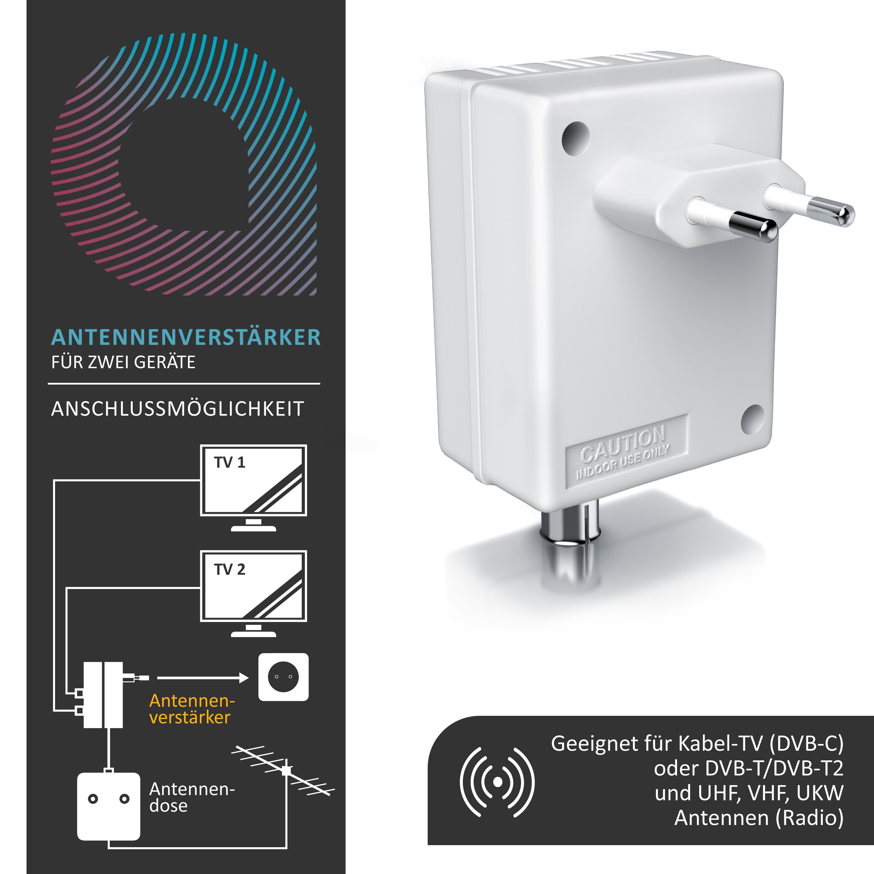 Aplic DVB-T2 Antennen Verstärker, Kabel TV, Radio Antennenverstärker, 2x 15 dB Signalverstärkung