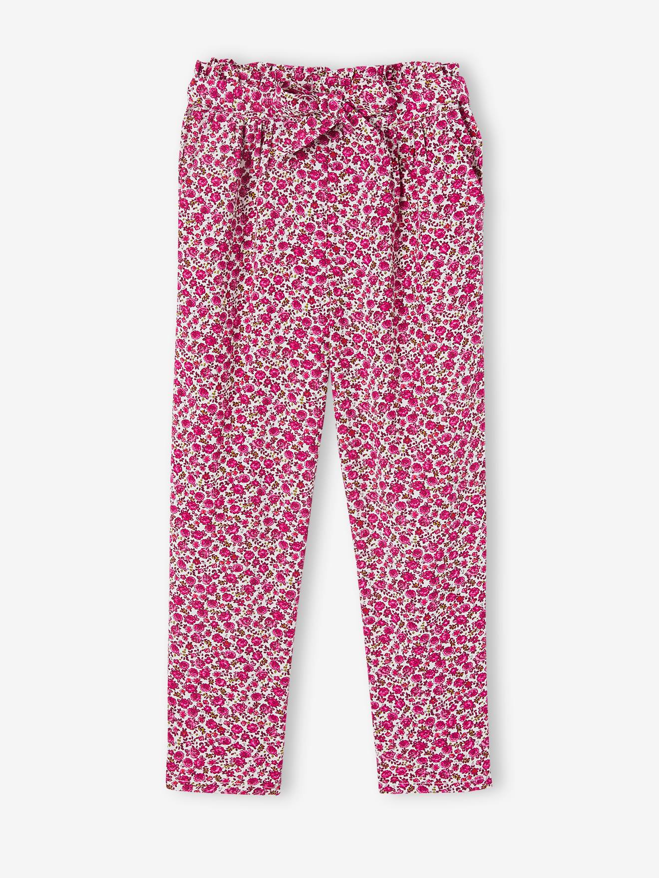 Calças cropped fluidas com estampa floral, para meninas, estampa verde escura.