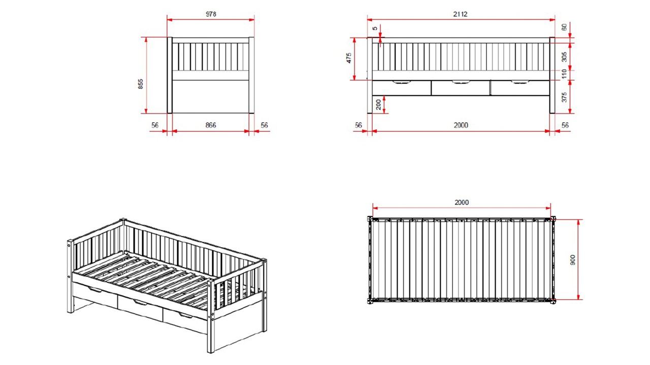 Kajuitbed Fritz met 3 laden en slaaplade white