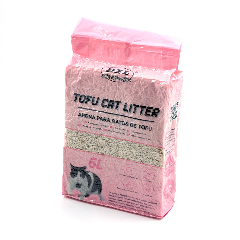 Areia higiênica orgânica de tofu vegetal para gatos, sem poeira, com aglomerante natural.