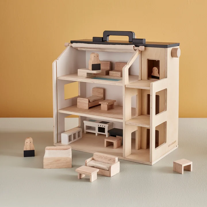 Kids Concept - Aiden tragbares Puppenhaus mit Zubehör, bunt (19er-Set)
