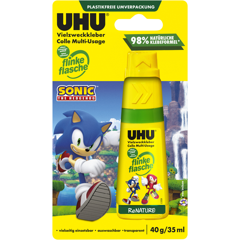 UHU Alleskleber Flinke Flasche ReNATURE, Sonic the Hedgehog, 40 g
