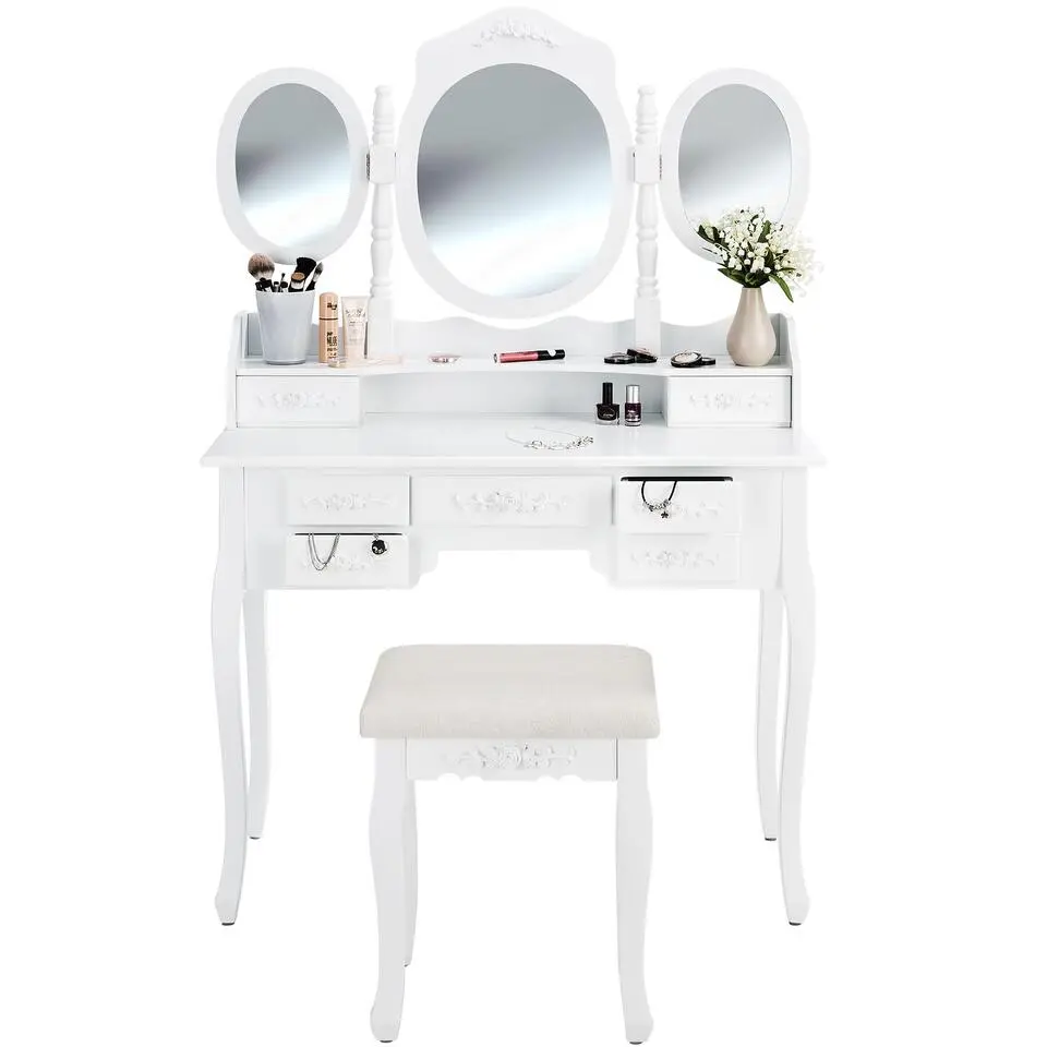 tectake Makeup-tafel met 7 lades, spiegel en hocker in antieke look, Wit