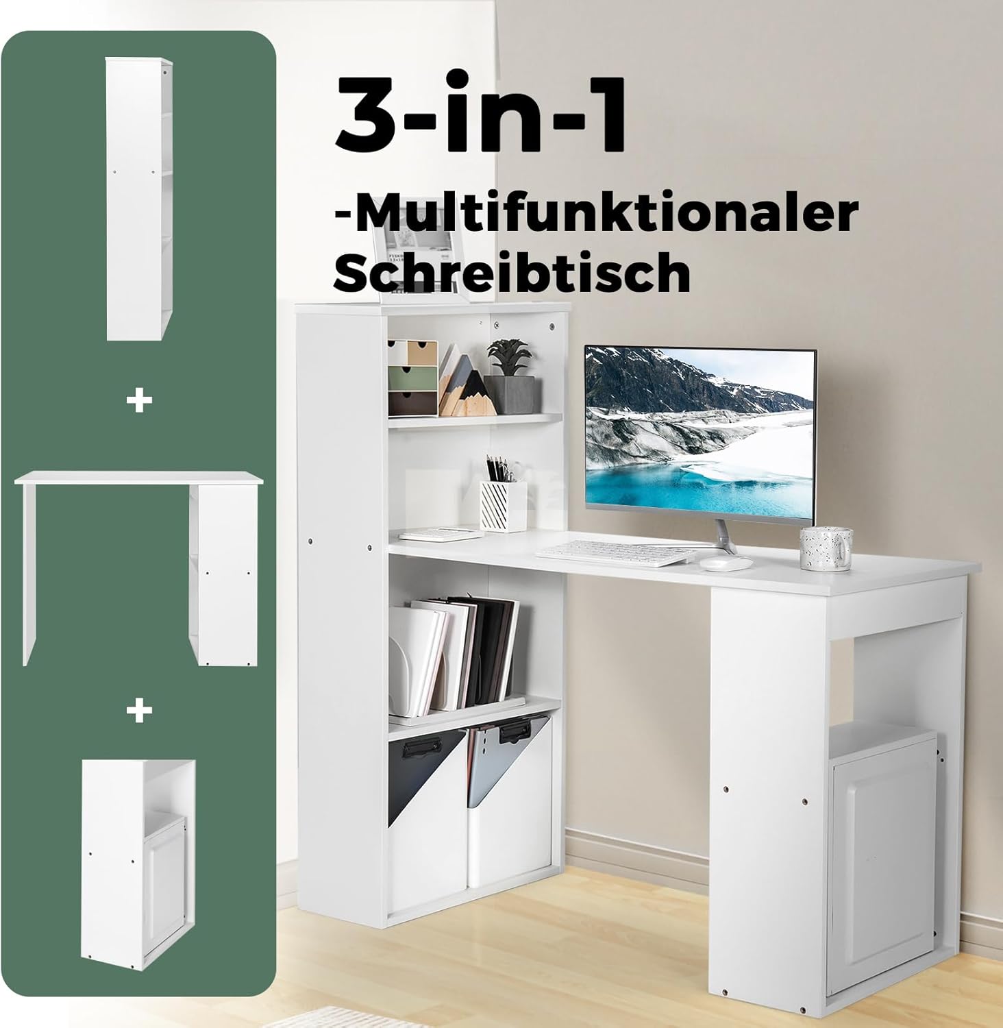 COSTWAY Schreibtisch mit Bücherregal, Computertisch mit 6 Regalen, PC-Tisch mit Regal rechts oder Links, Bürotisch, Arbeitstisch für Zuhause, Büro und Wohnheim, 122 x 56 x 122 cm, Weiß