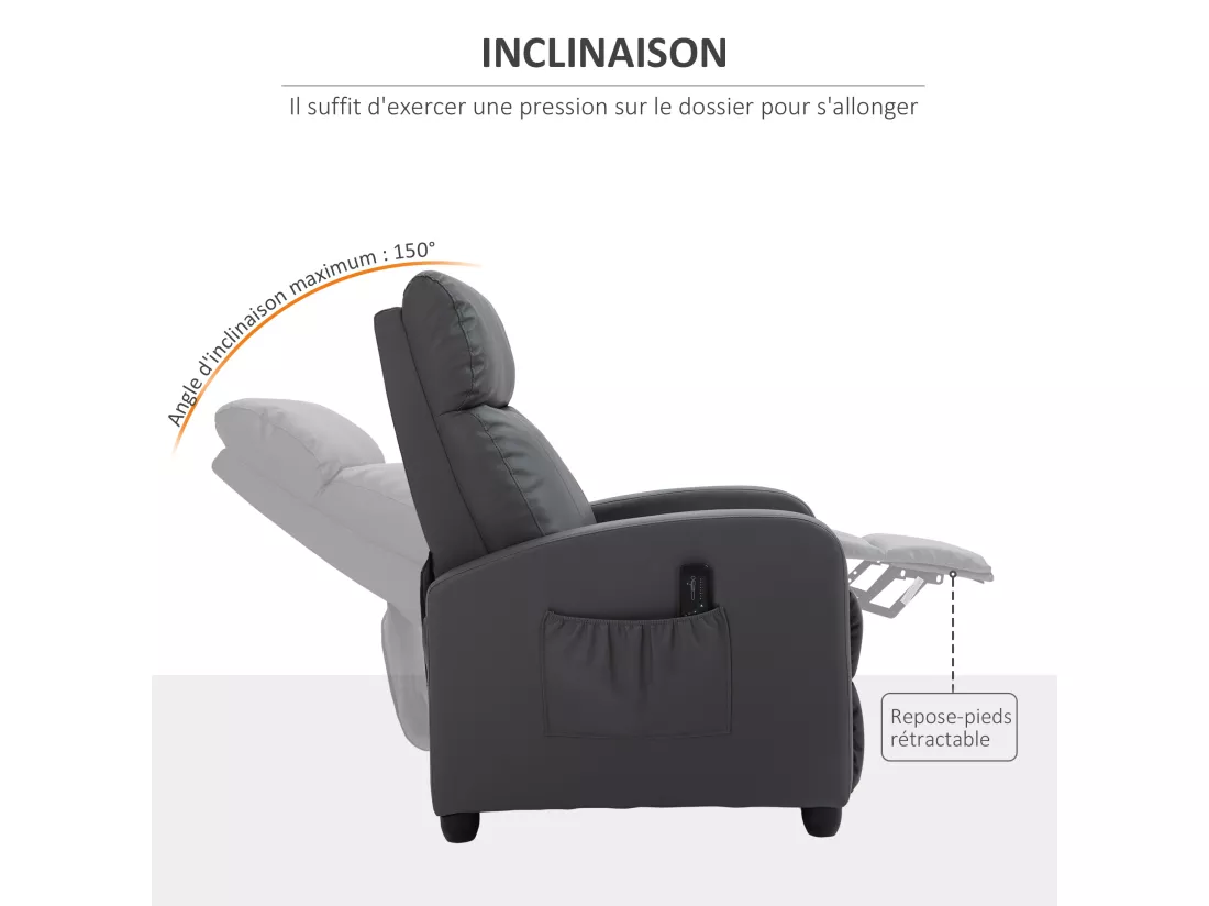 Fauteuil de relaxation et massage inclinaison dossier repose-pied réglable revêtement synthétique gris