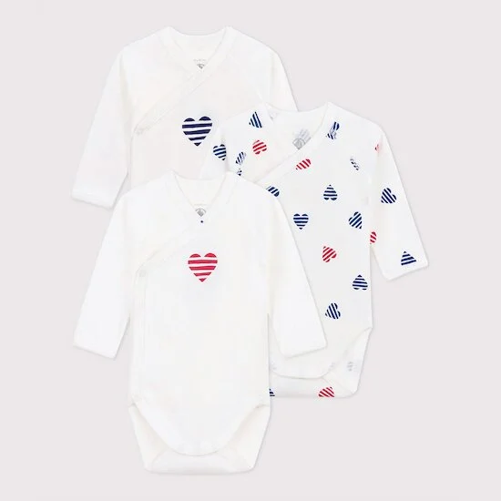 Lot de 3 bodies croisés manches longues en coton   Cœurs rayé        de               Petit Bateau