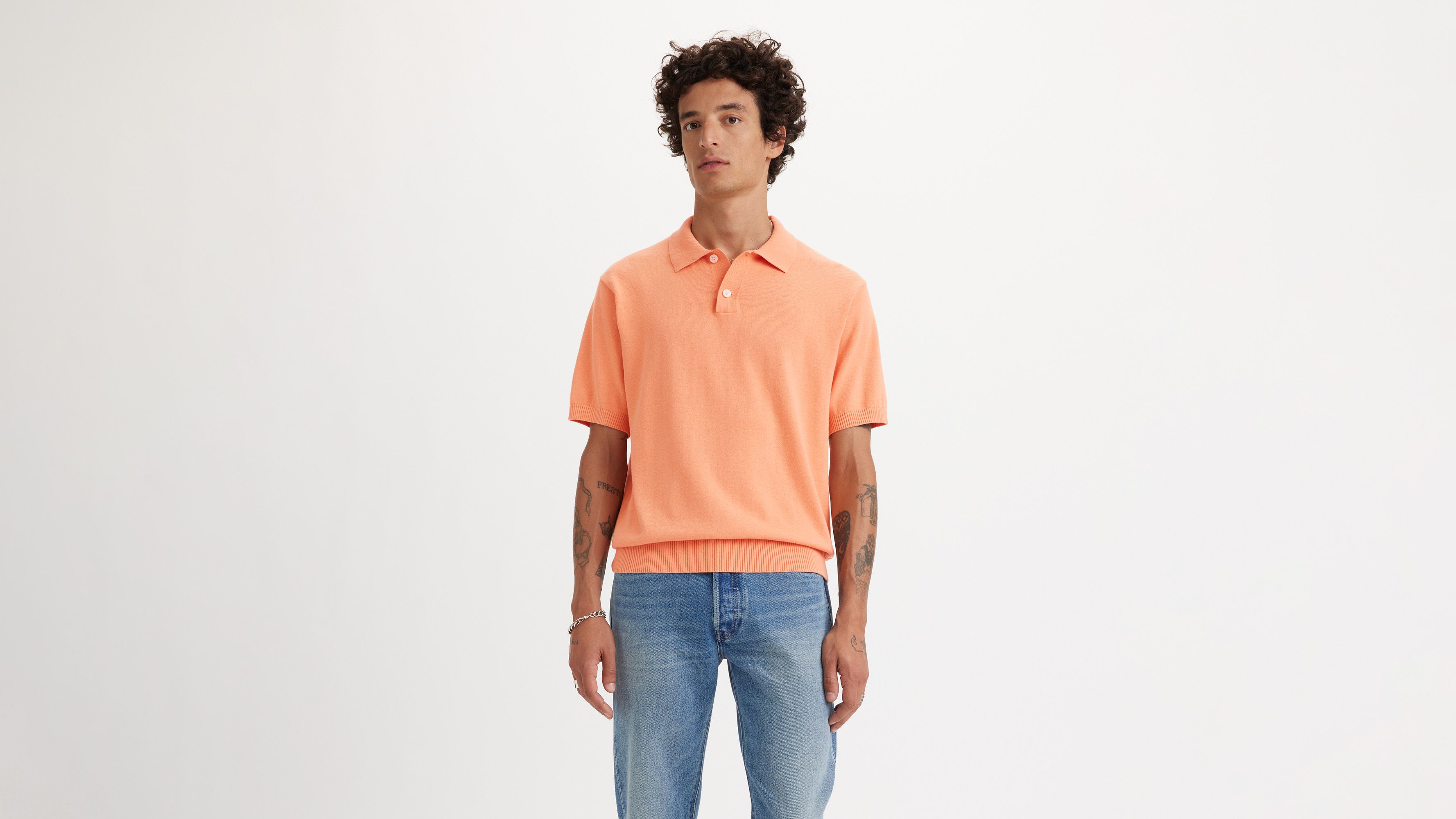 Pull-over col polo maille fine - Peach Bloom - Orange