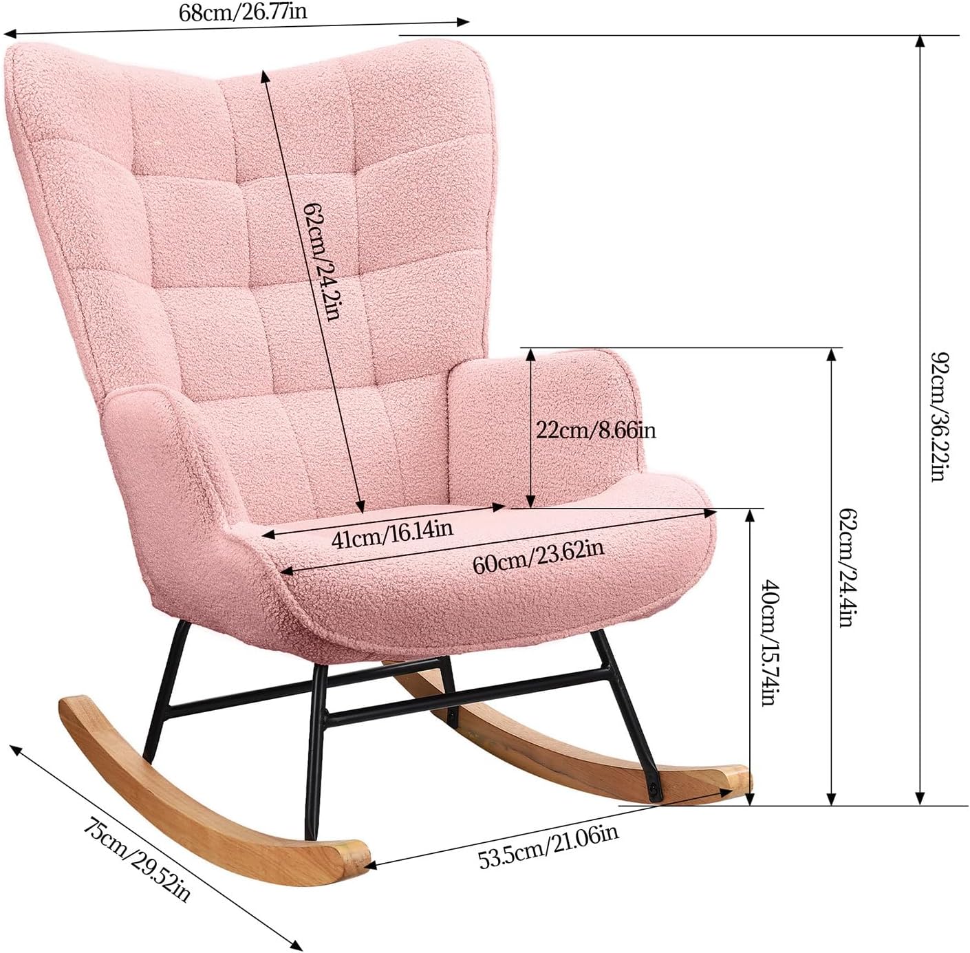 Schaukelstuhl Relaxsessel Stillsessel Schaukelsessel Wohnzimmersessel Schwingsessel mit Metallgestell und Holzsockel, Belastbarkeit Bis 130 Kg, Teddystoff, Rosa, 75 x 68 x 92 cm