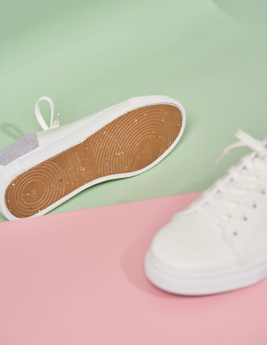 Baskets basses Renée - Cuir blanc et suède floral lilas