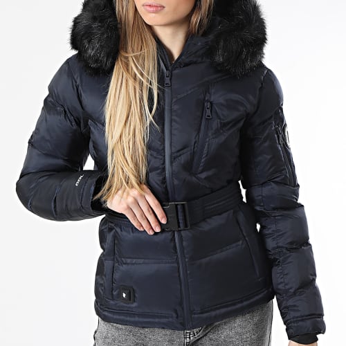 Doudoune Chauffante Capuche Fourrure Femme Iron Lady Bleu Marine Noir