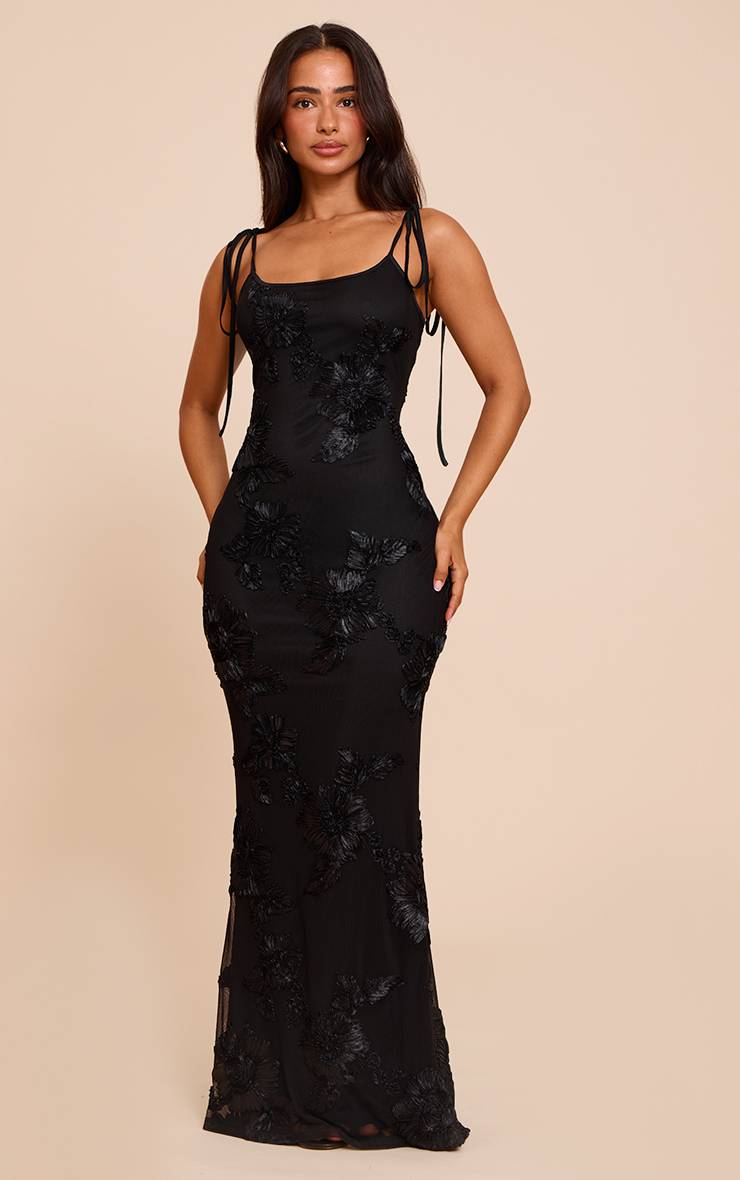 Noir Robe Maxi À Détails Fleuris Petite Taille