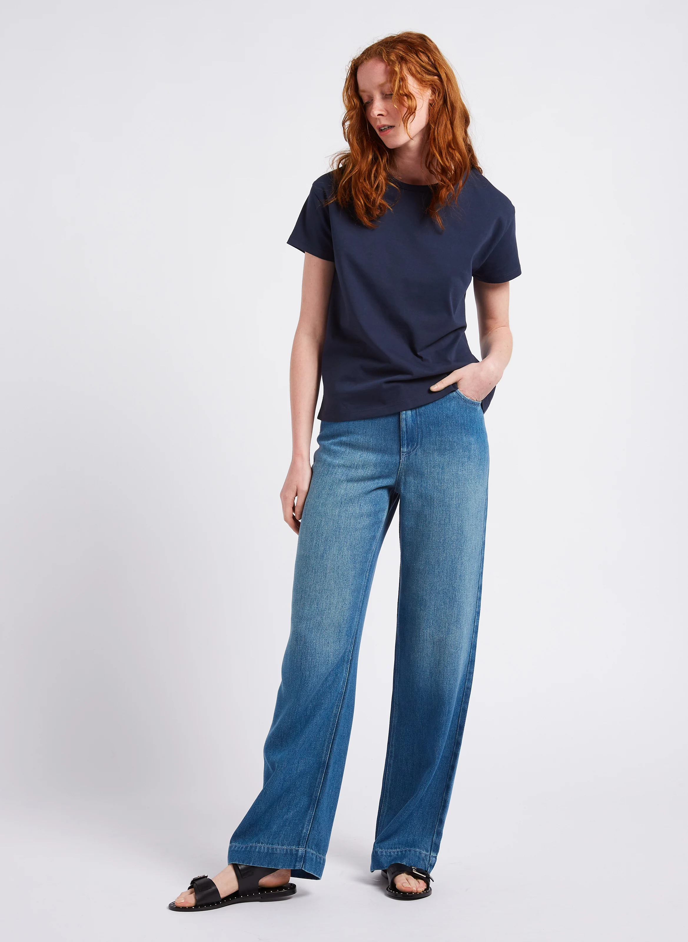 Jean large taille haute| Bleu