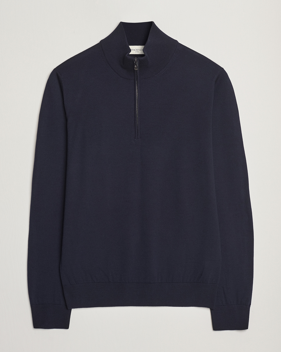 Piacenza Cashmere Merino Wool Crew Neck Half Zip Navy