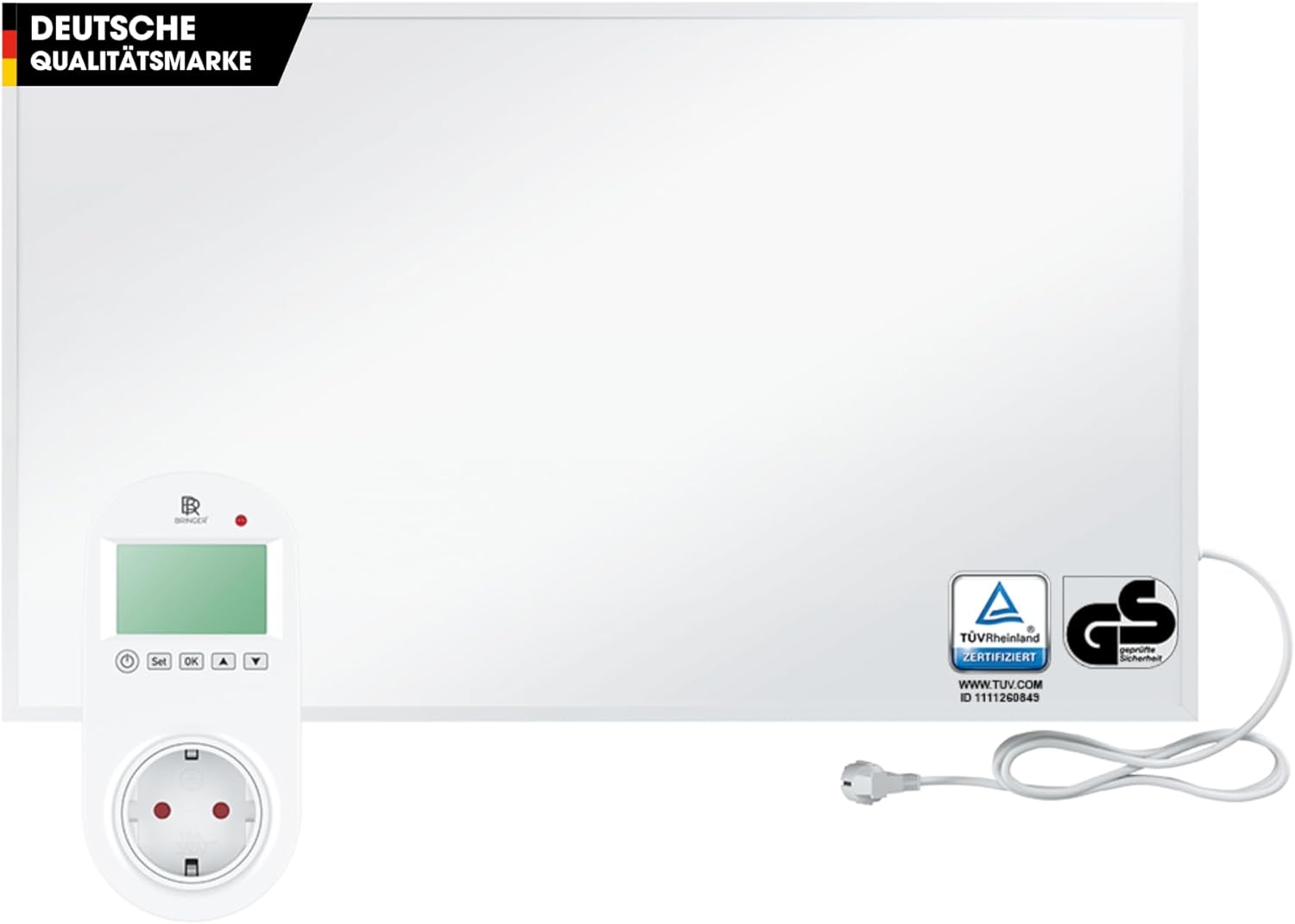 BR Bringer Infrarotheizung 800 Watt - mit Steck-Thermostat - Infrarot Elektroheizung Energiesparend - TÜV & GS - Deutsche Qualitätsmarke (weiß)