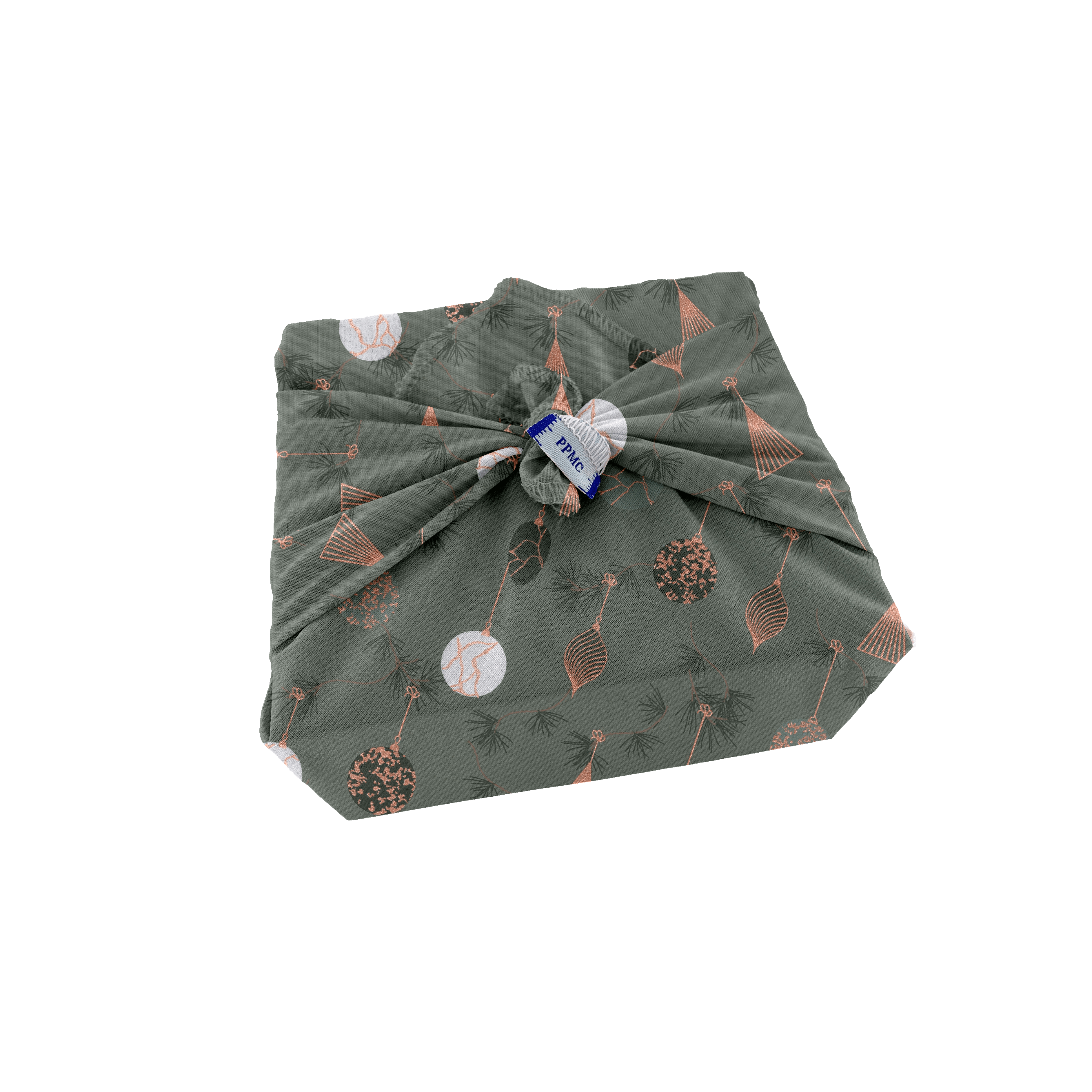 Furoshiki Petit 35 X 35 Cm Ex2348 Boules De Noel Cuivré Vert Gris