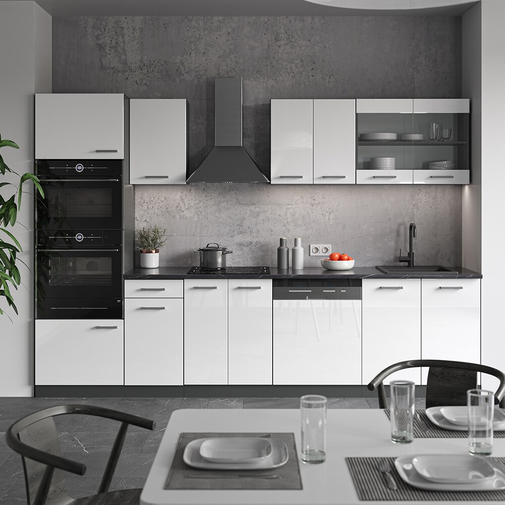 VICCO KÜCHE R-LINE 300 CM KÜCHENZEILE KÜCHENBLOCK EINBAUKÜCHE ANTHRAZIT WEISS HOCHGLANZ