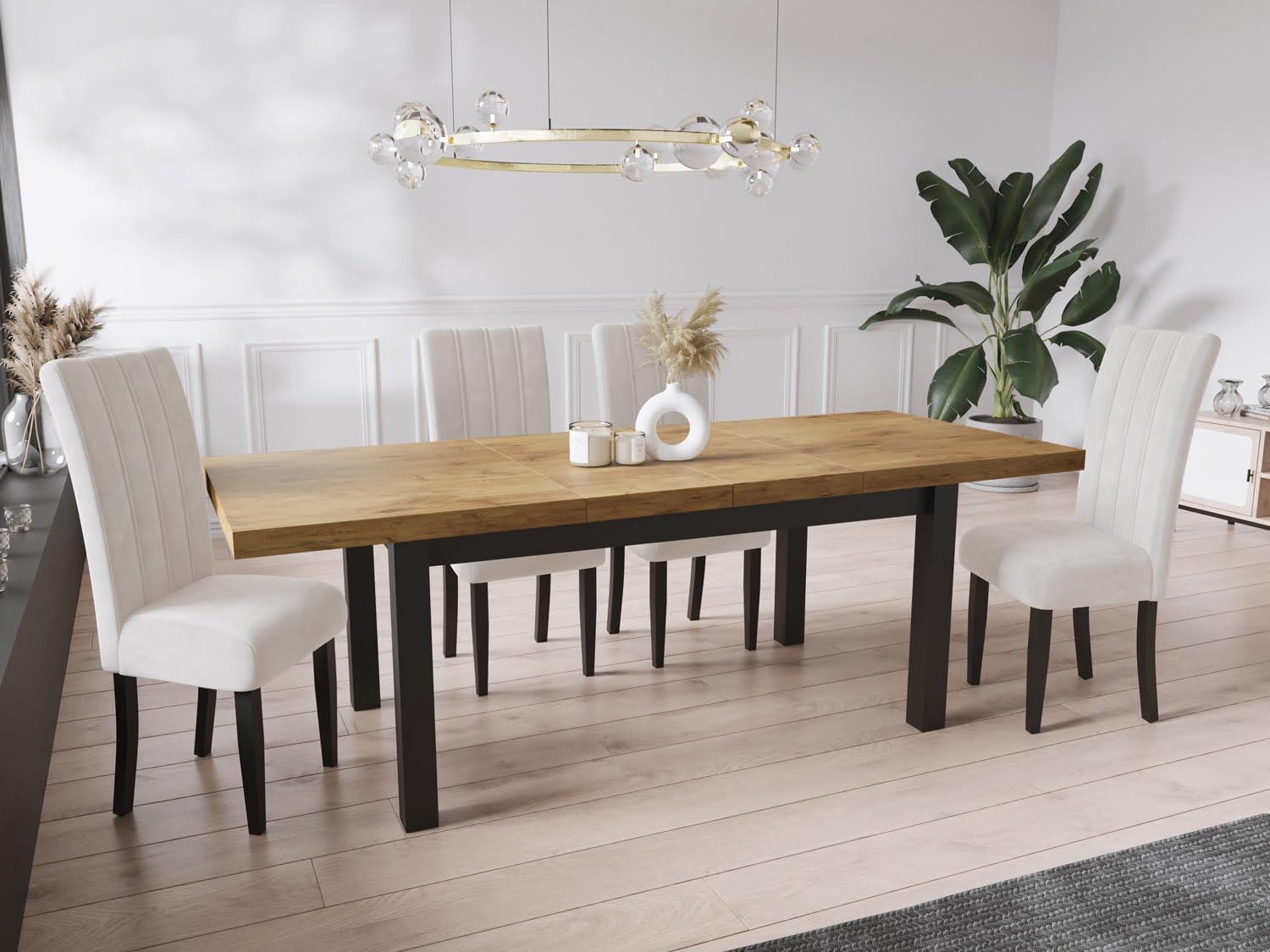 WFL GROUP Moderner Rechteckiger Ausziehbarer Esstisch - Platzsparend - Schwarze Holzbeine - 200 bis 300 cm - Hergestellt in EU - 200 x 100 cm - Lancelot Eiche