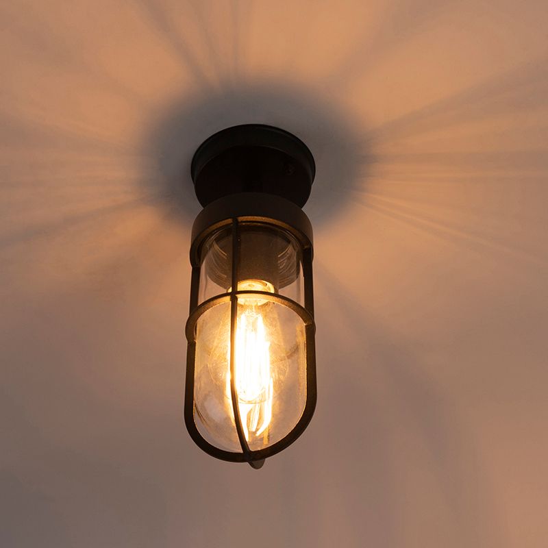 Landelijke buitenplafondlamp zwart met glas IP44 - Elza