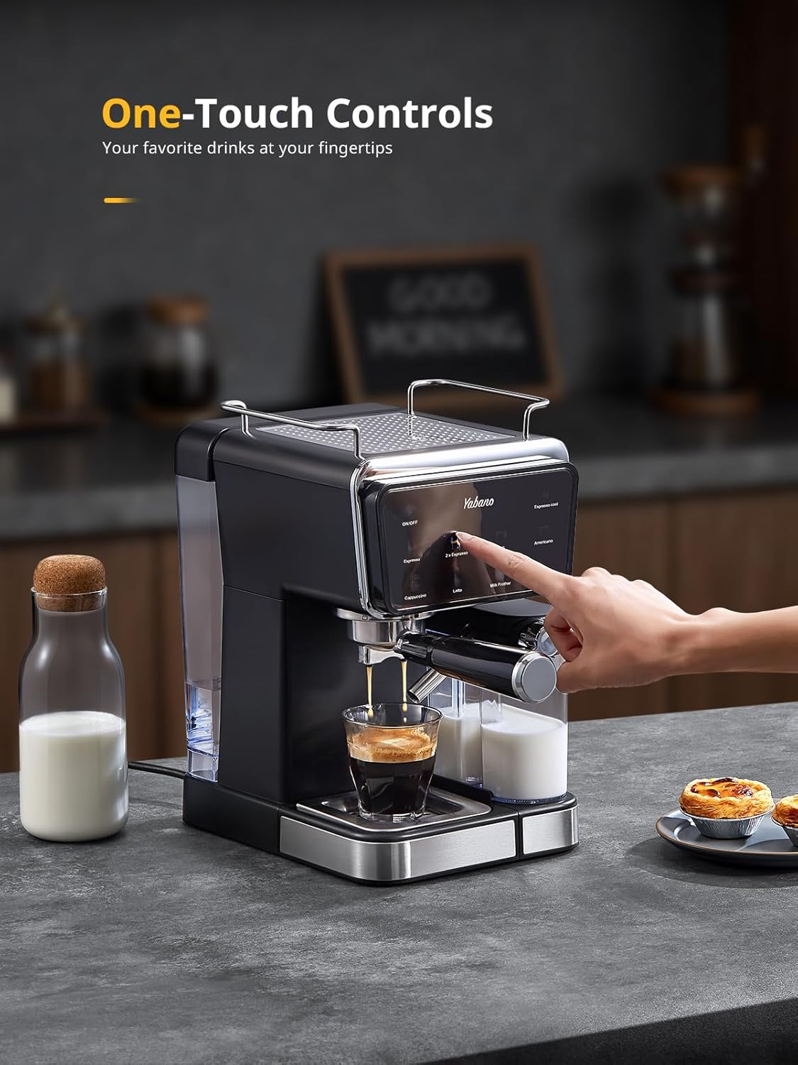 Yabano Espressomaschine Siebträgermaschine 20 Bar mit 500ML Automatischer Milchaufschäumer, 6 Getränke, Modernes Farb-Touchscreen-Display, 1.5L Wassertank, Cappuccino & Latte Kaffeemaschine, 1350W