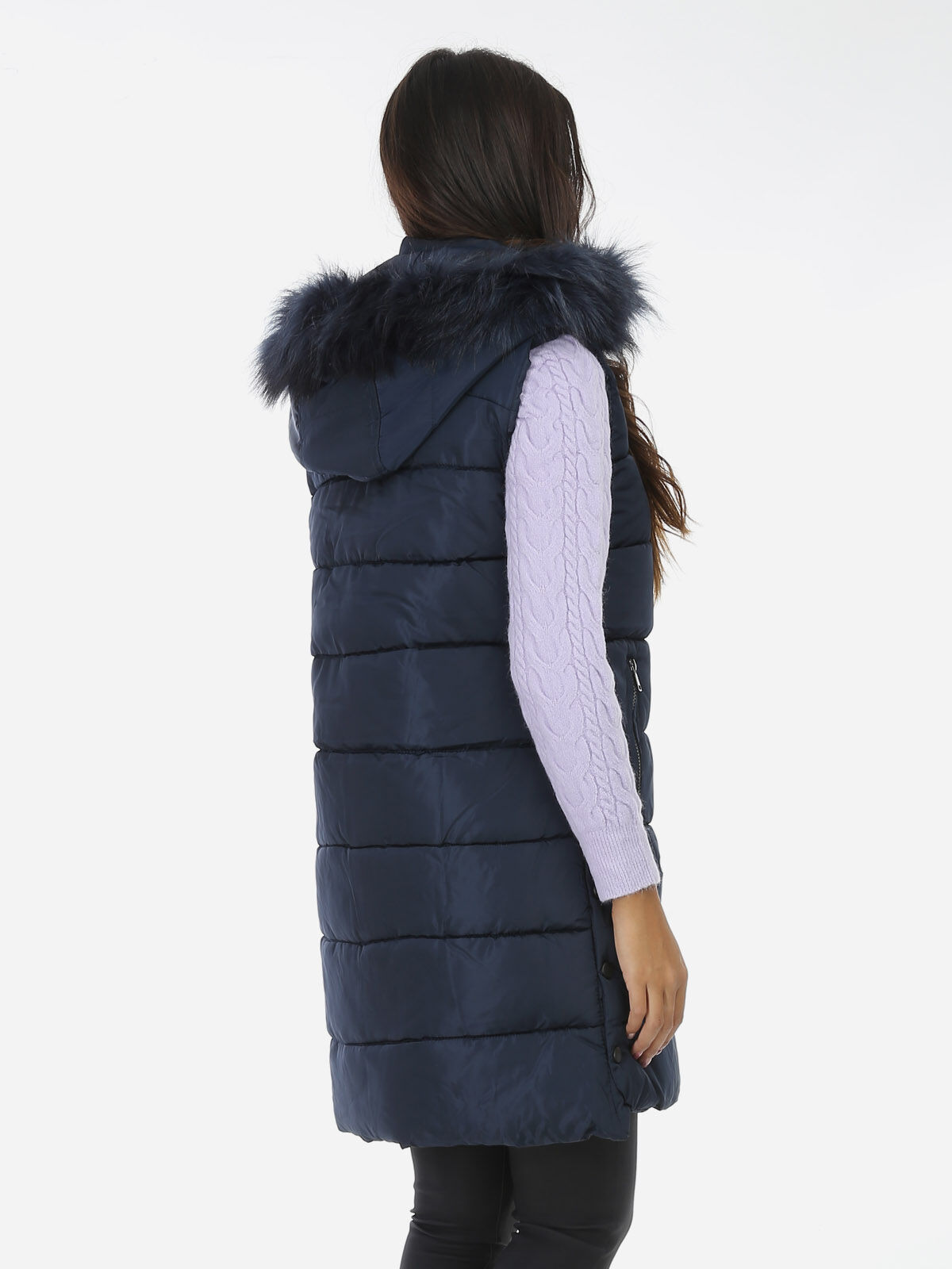 Doudoune à capuche fausse fourrure- Bleu marine