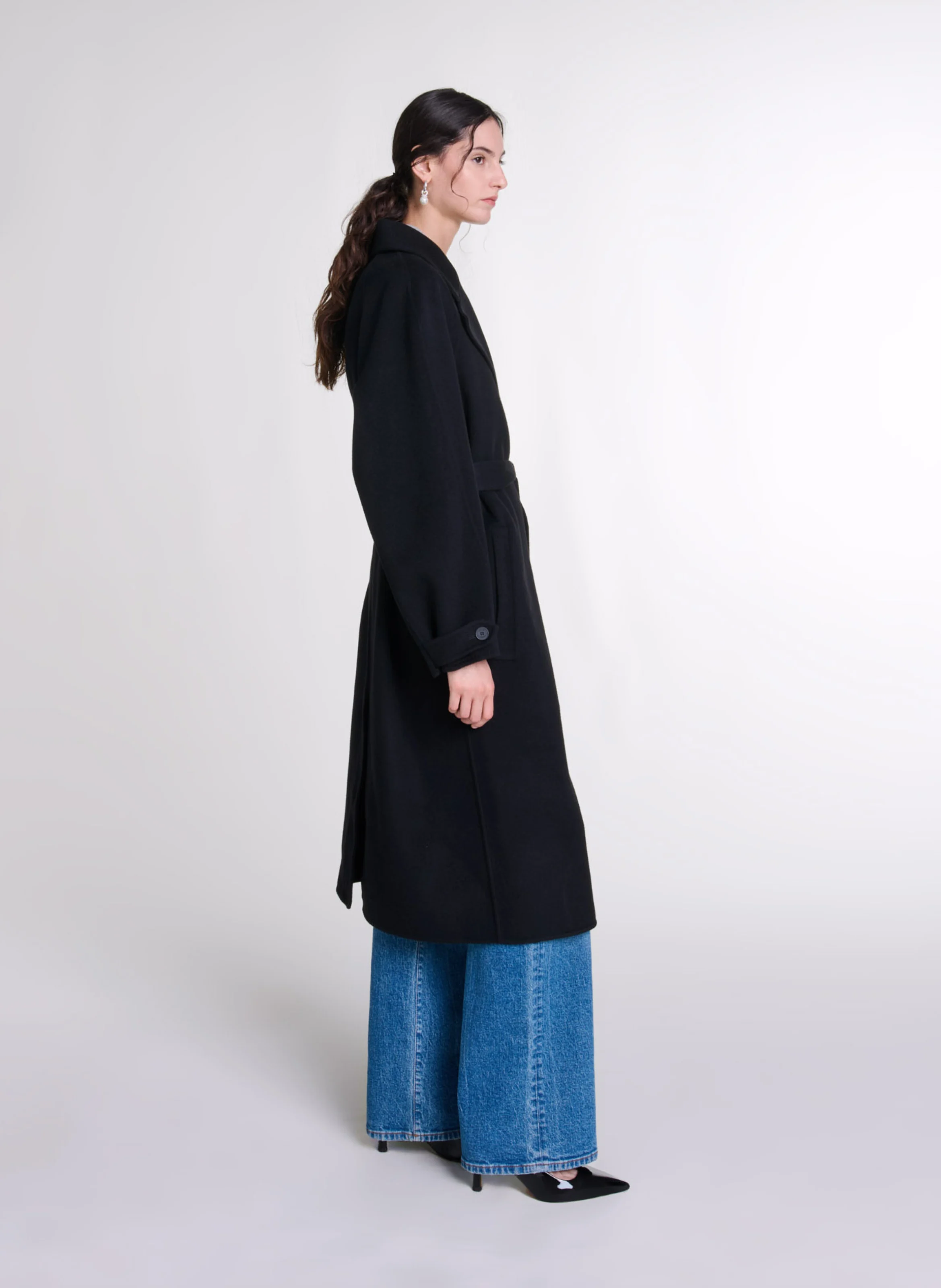 Manteau mi-long double face en laine mélangée | Noir