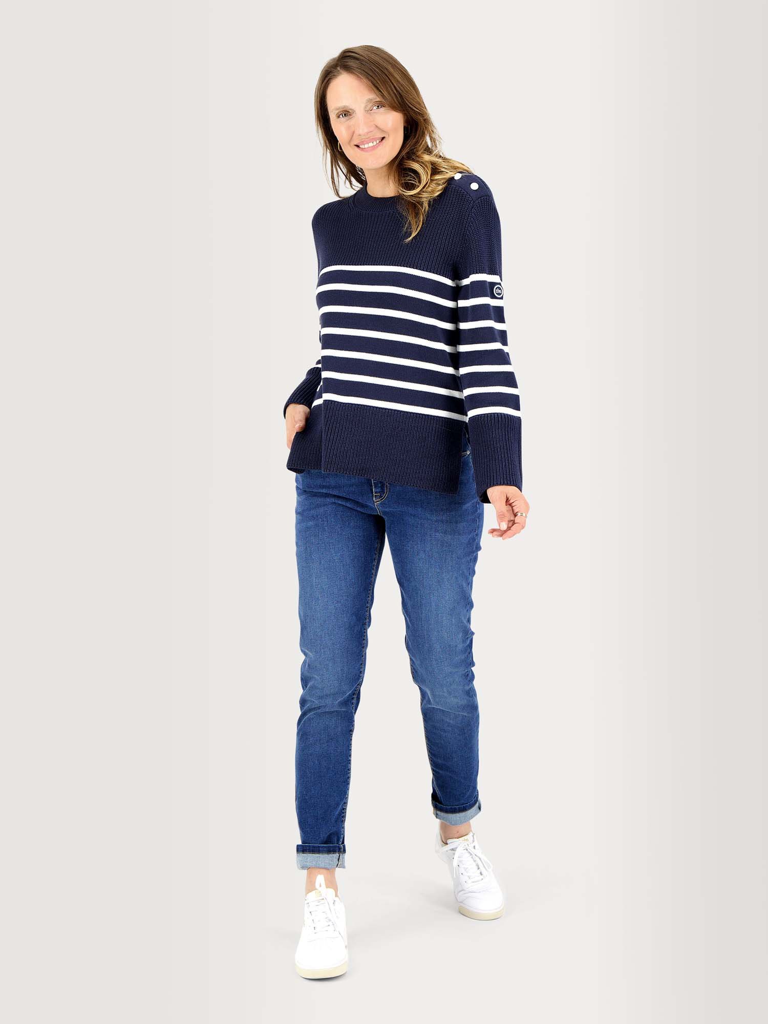 Pull Femme Coton Marinière Bleu Rayé Blanc