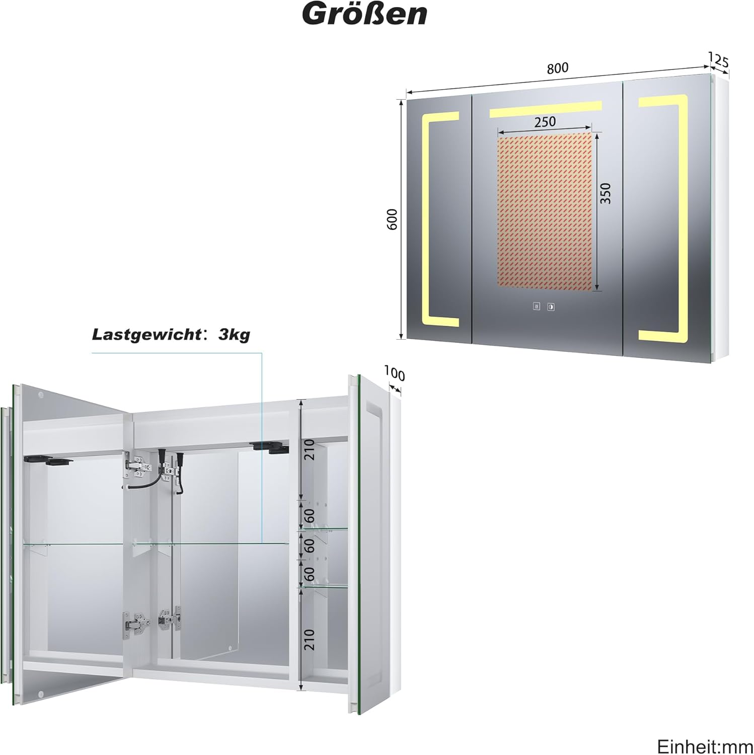 SONNI Spiegelschrank mit Beleuchtung 80x60 cm, 3 Türen LED Spiegelschrank Bad mit Anti-Beschlag, Steckdose, 3 Lichtfarben, Dimmbar, Aluminum, IP44 Wasserciht