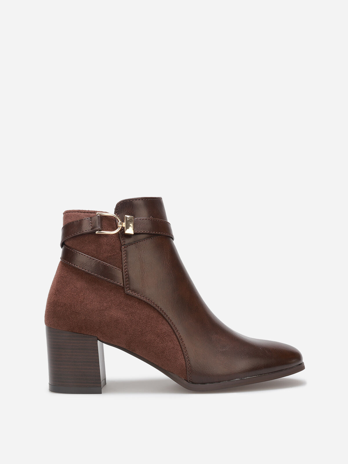 Bottines bi-matière avec boucle dorée- Marron