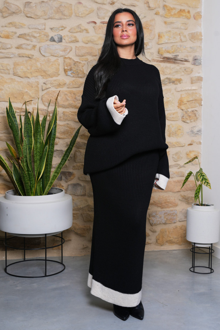 Ensemble 2 pièces pull + jupe bicolore noir et beige