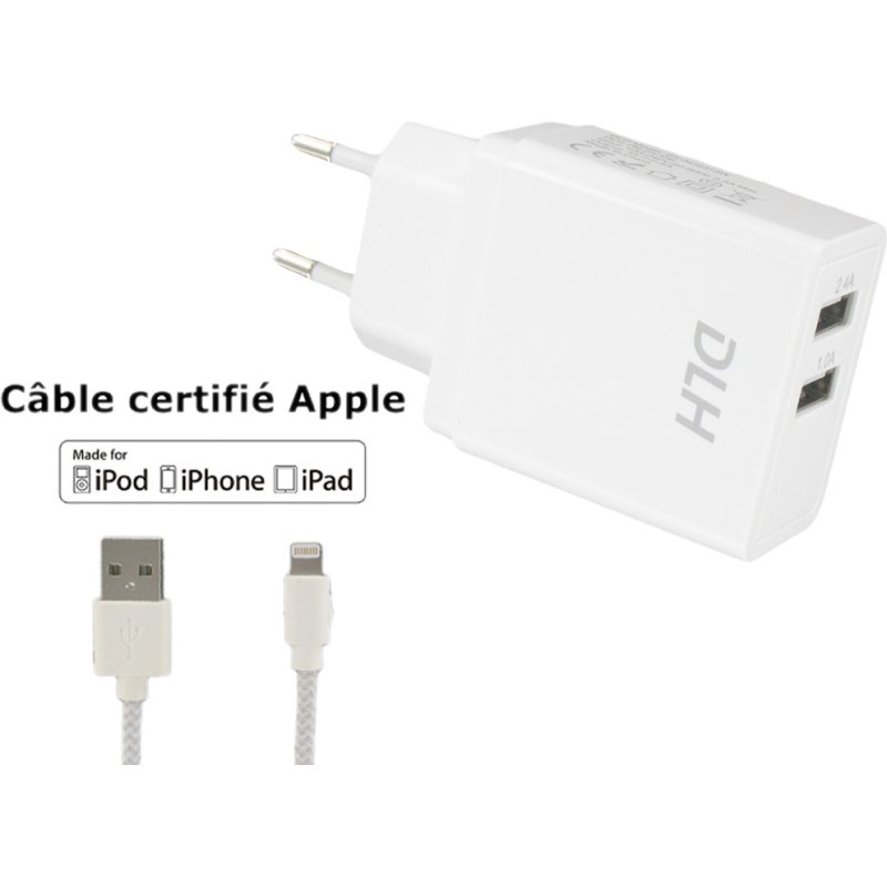 DLH CHARGEUR SECTEUR 2 PORTS USB 12W AVEC CABLE APPLE LIGHTNING MFI POUR IPHONE ET IPAD