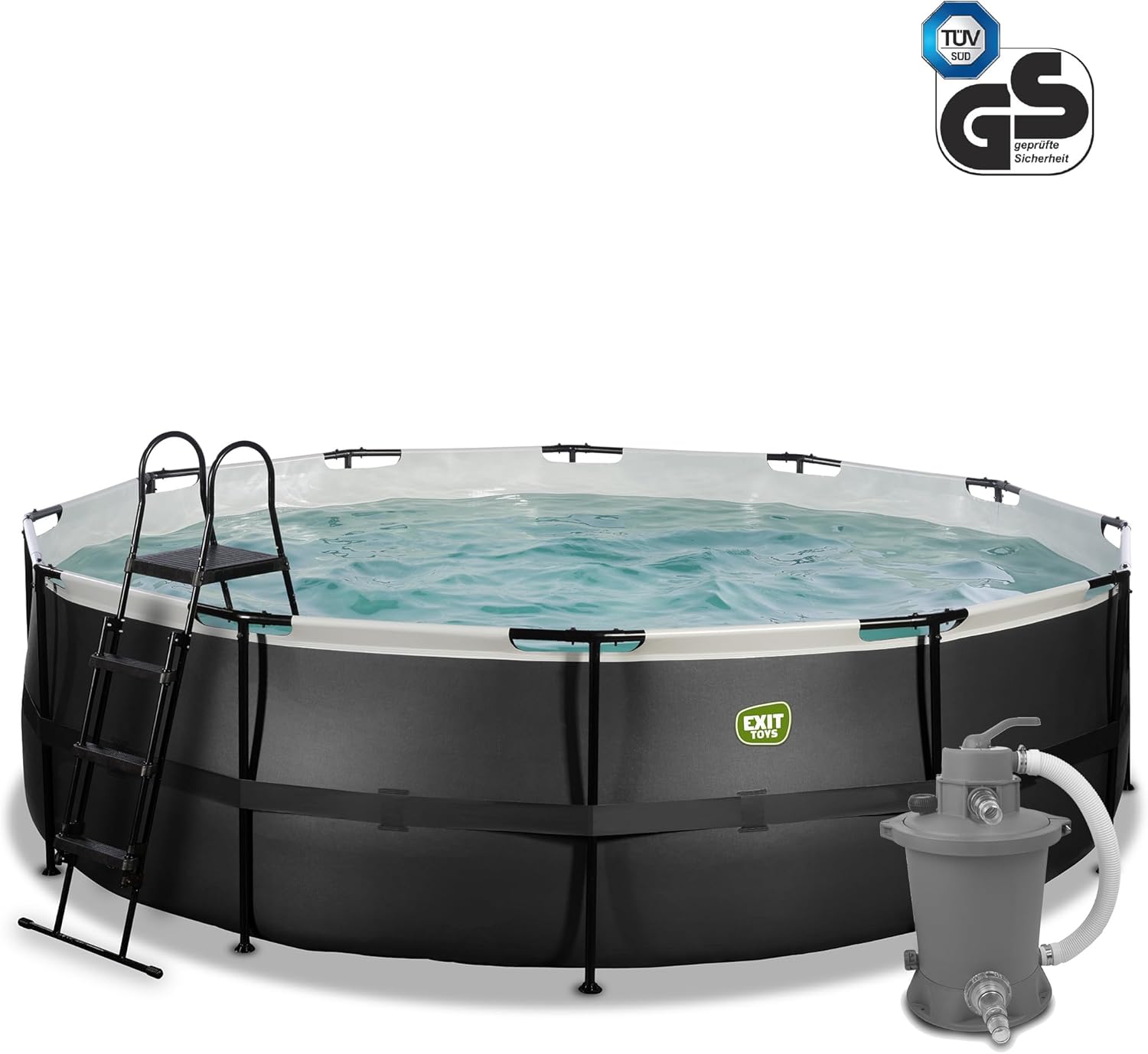 EXIT Toys Black Leather Pool - ø488x122cm - Großer, Runder Rahmenpool mit Sandfilterpumpe - Extra tiefer Pool - Starker Rahmen - Inklusive Poolleiter - Einzigartiges Design - Schwarz