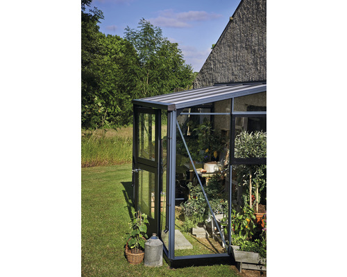 Aanbouwkas JULIANA Veranda 4,4 m² 3 mm veiligheidsglas 296 x 149 cm antraciet/zwart