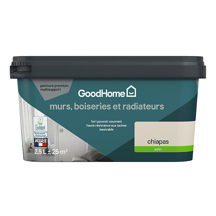 Peinture intérieure couleur murs, boiseries et radiateurs GoodHome Chiapas satin beige 2,5L