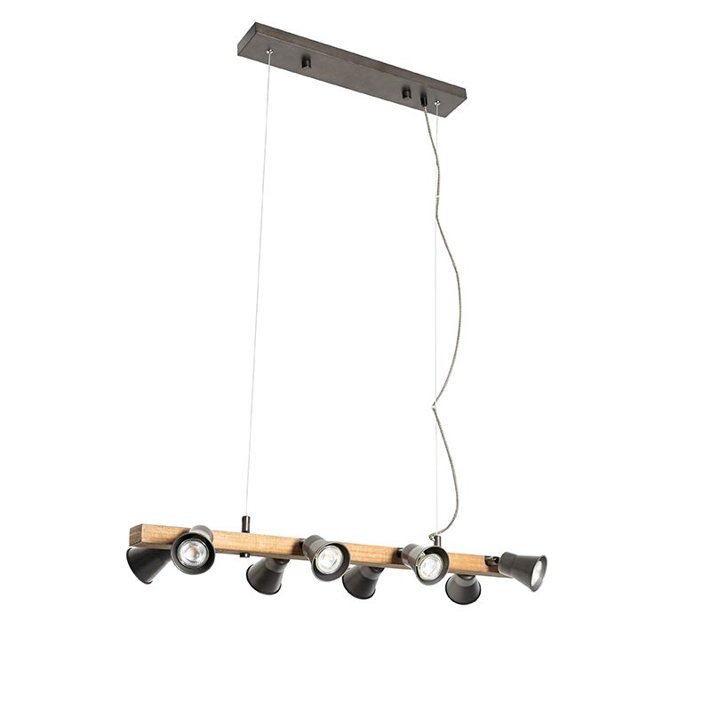 Landelijke hanglamp zwart met hout 8-lichts - Jelle