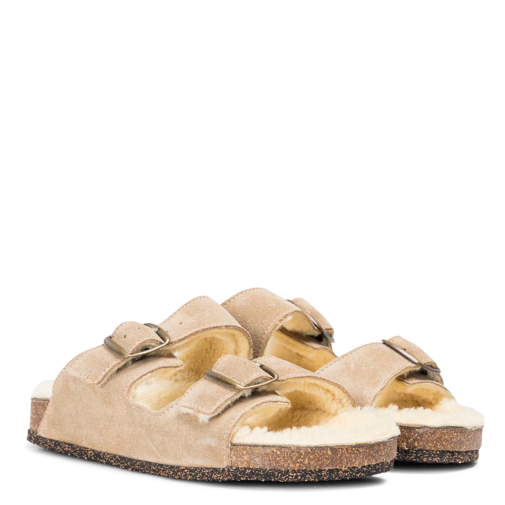 Sandales fourrées en cuir velours | Beige