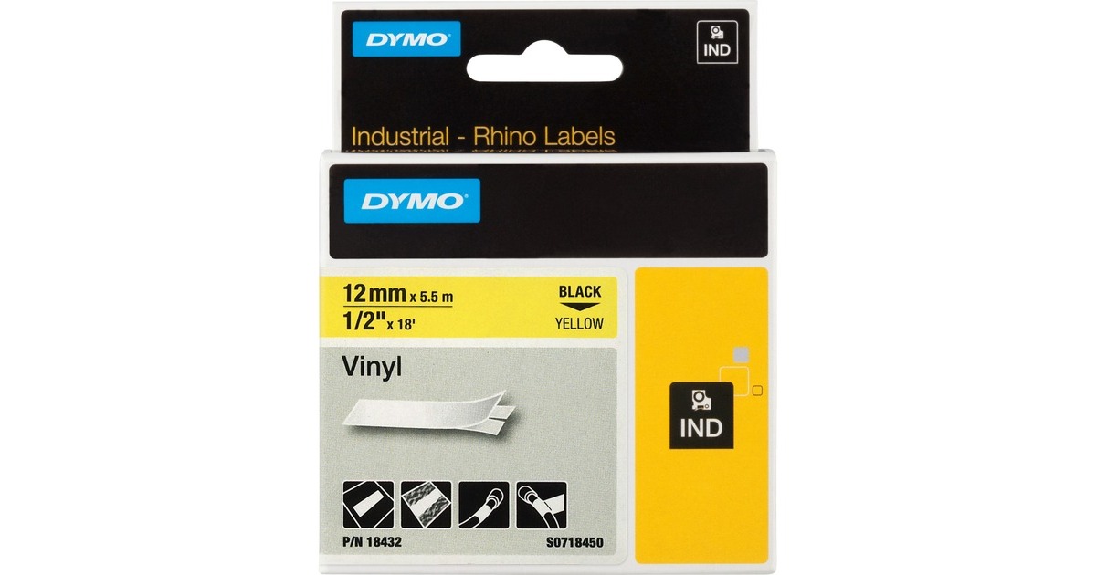 DymoIND vinyllabels 12mm x 5,5m printlint  (18432, Zwart op geel)