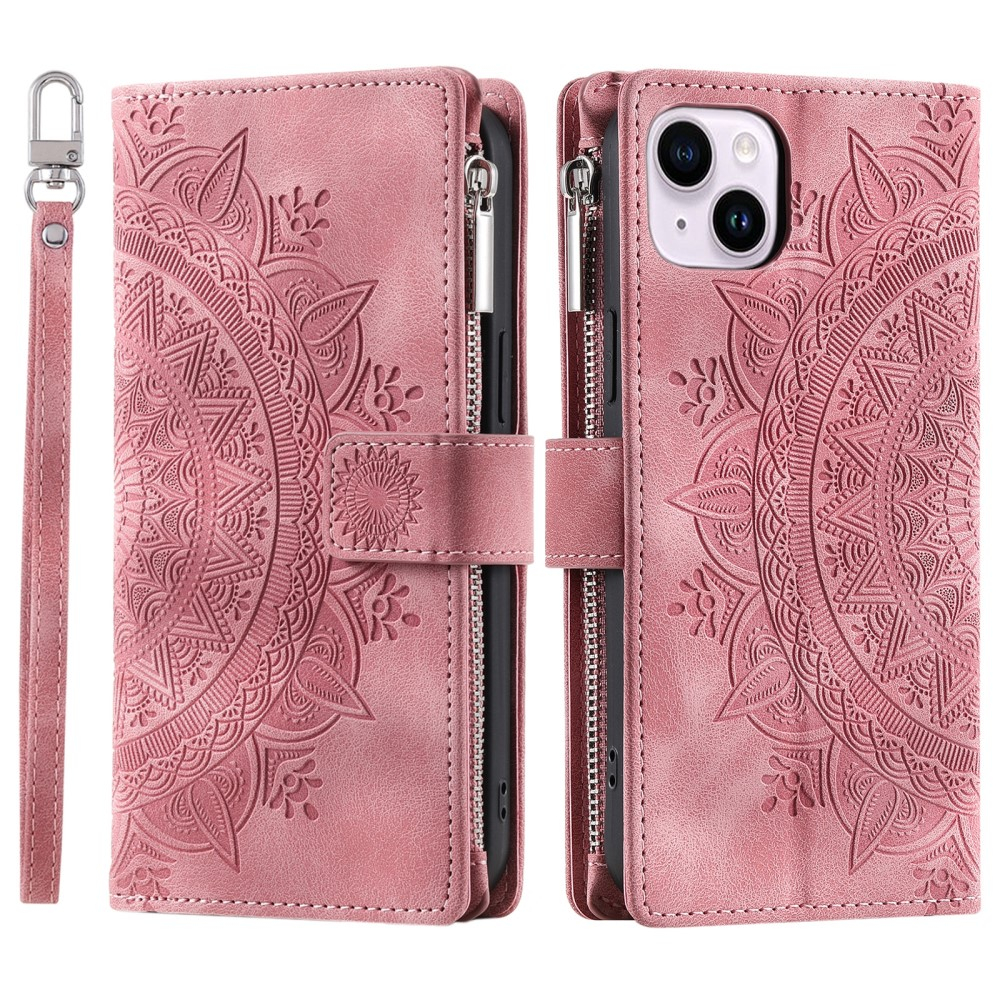iPhone 15 Leder Tasche Flip Cover mit Reissverschluss - Mandala Flowers Imprint - Rosa