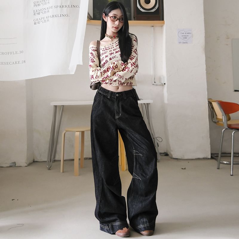Denimot - Lage taille contrasterende gestikte gewassen wijde jeans (verschillende ontwerpen)