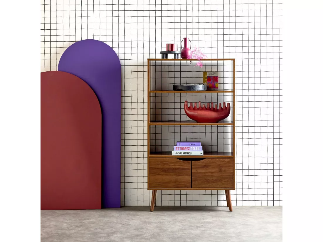 Étagère bibliothèque effet bois de noyer. 2 portes 3 niveaux