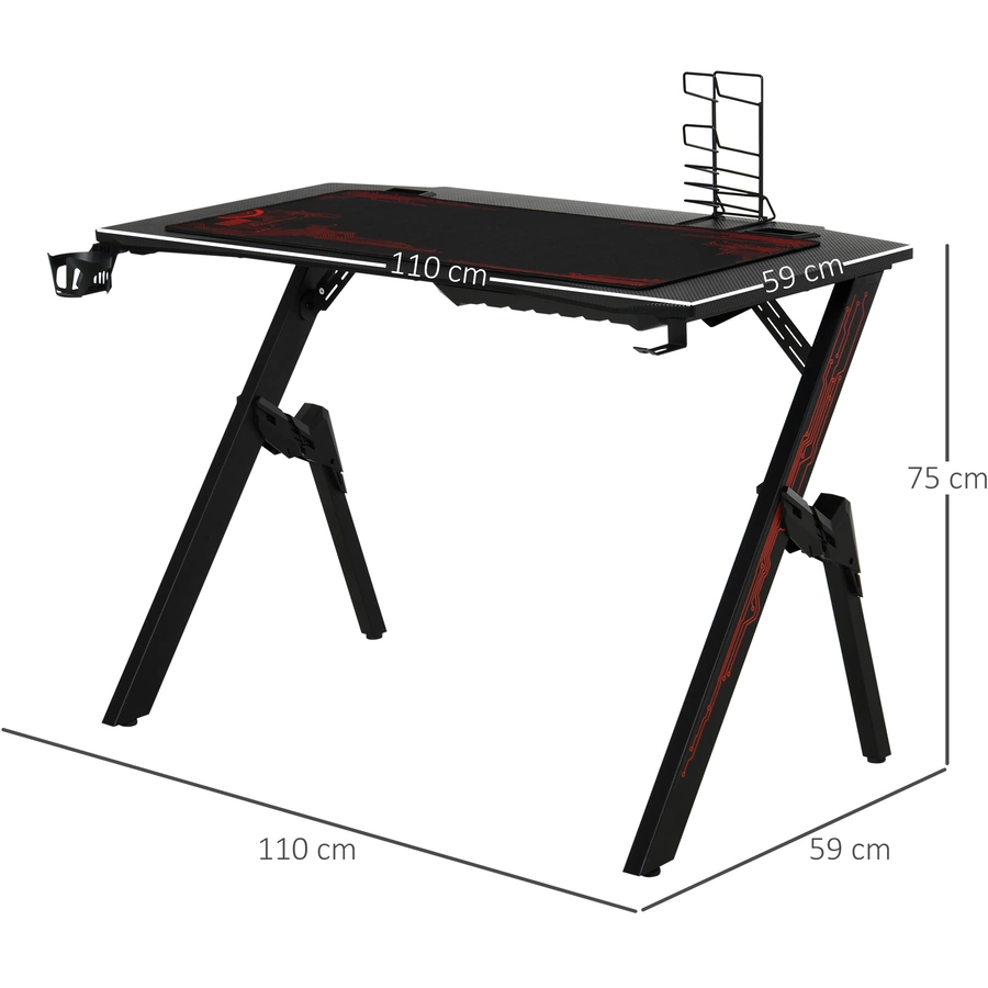 HOMCOM Gamingtisch mit Headset-Haken und Getränkehalter rot, schwarz