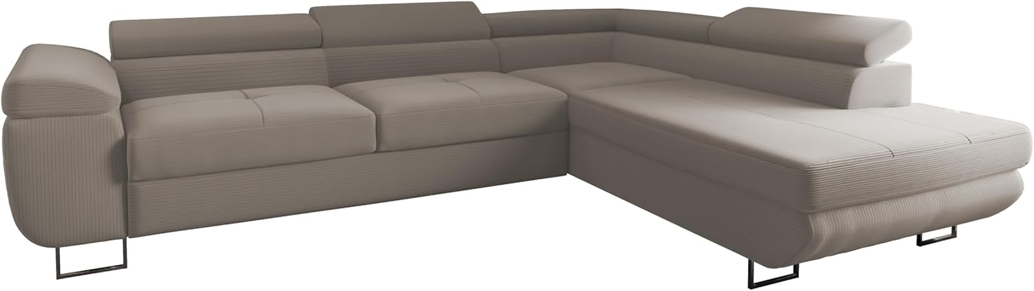 Ecksofa Luna mit Schlaffunktion und Bettkasten – 275x202 cm – verstellbare Kopfstützen – Liegefläche 193x125 cm – Couch – Schlafsofa – L-Sofa mit Stauraum (Poso 100 Beige, Seite: Rechts)