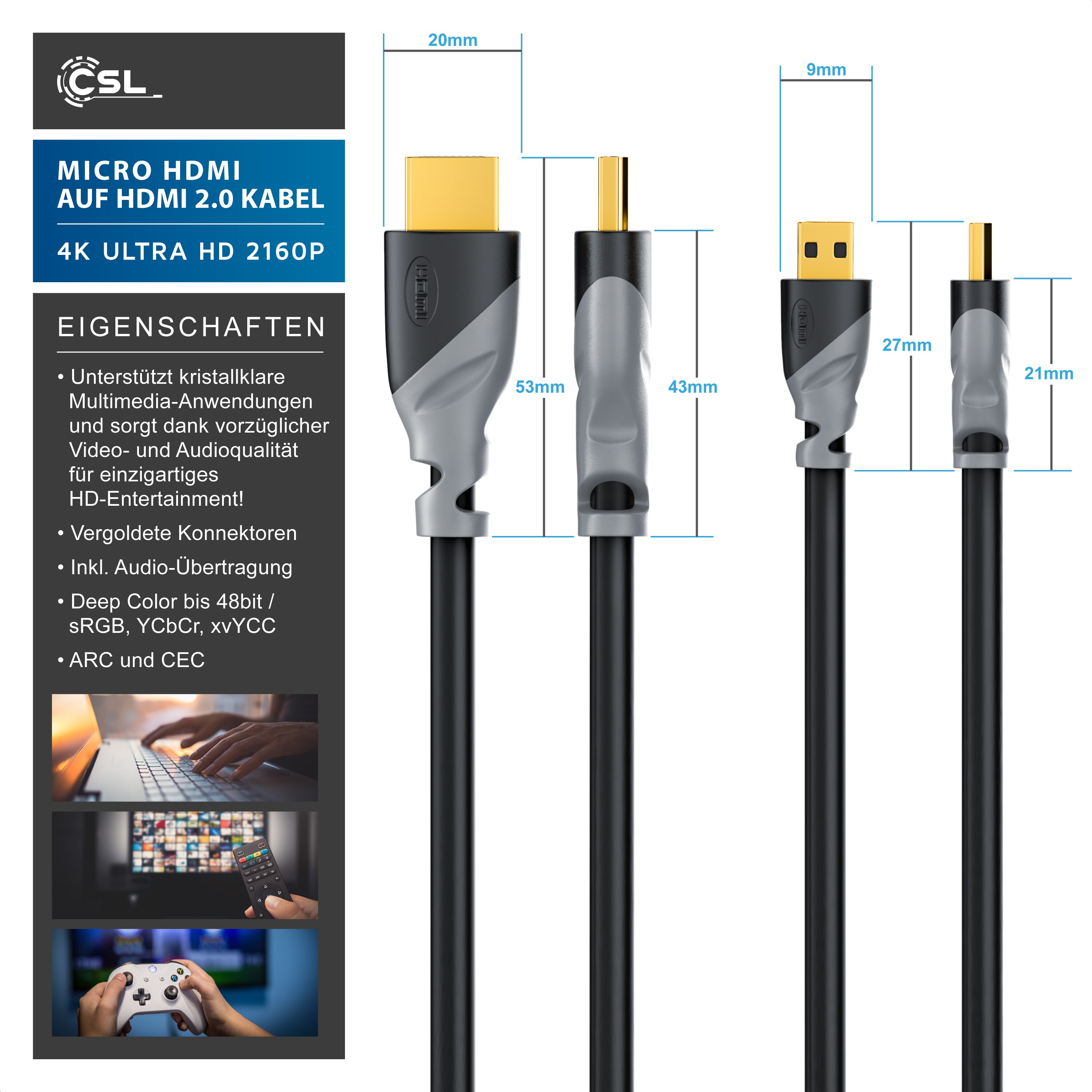 CSL HDMI Typ D (Micro) 2.0 zu HDMI Typ A Kabel, 4K, Ethernet, Ultra HD 2160p (3840 × 2160 Pixel) - 1m