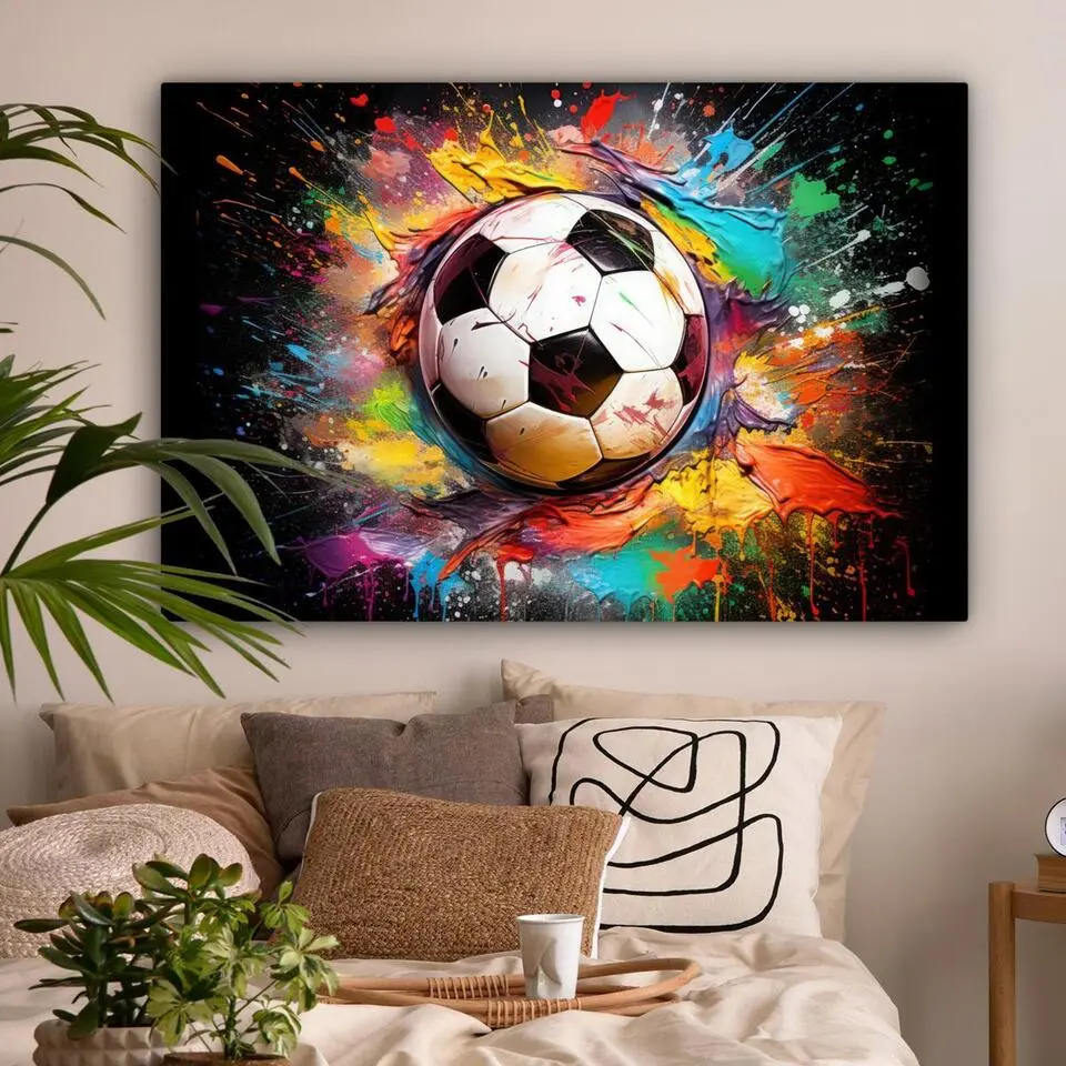MuchoWow Canvas Schilderij 120x80cm Voetbal Verf Kleuren Zwart