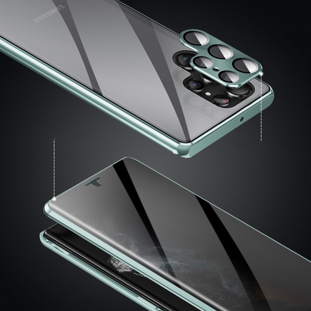 Samsung Galaxy S23 Ultra 5G Magnetische Alu Schutzhülle mit Panzer Glas Backcover   Privacy Display- / Kameraglasschutz (Verschlussmechanismus) - Schwarz