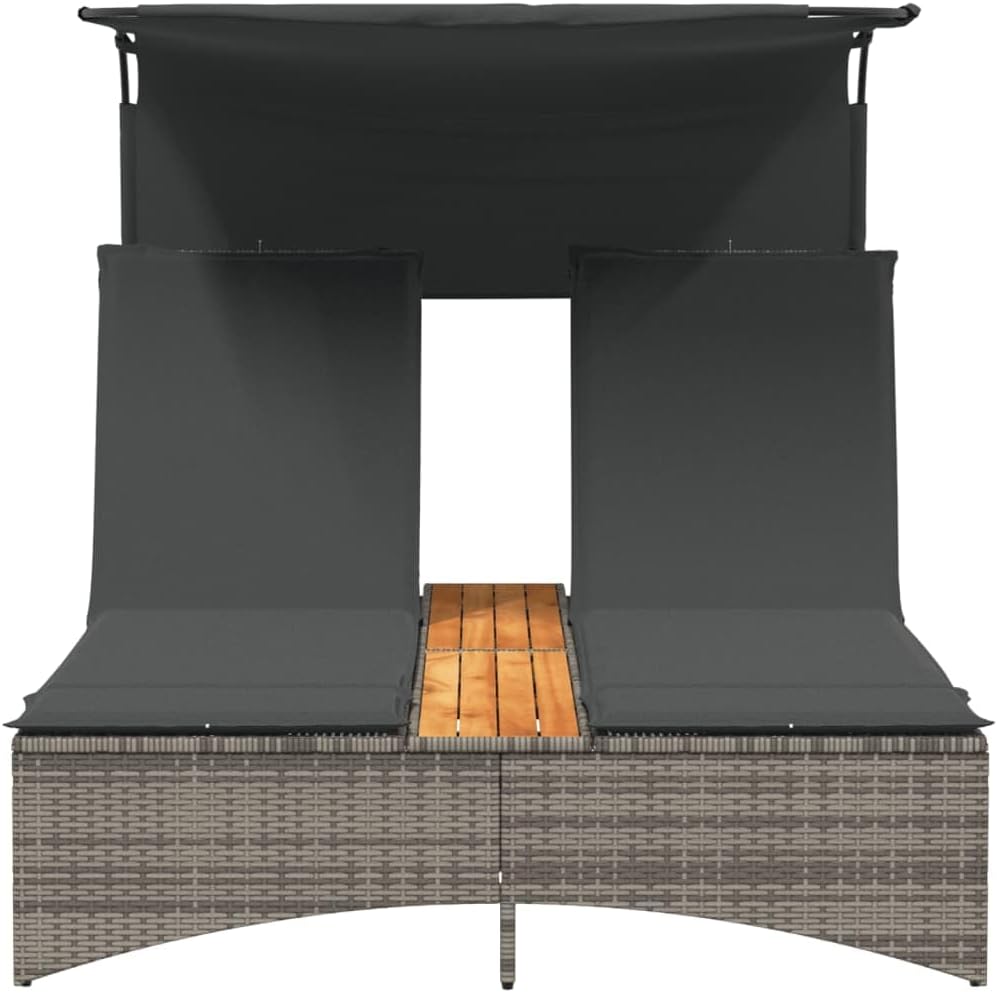 Festnight Doppel Gartenliege mit Sonnendach Doppelliege Outdoor 2 Personen Sonnenliege Rattan Sonnenbett Loungebett Gartenbett mit Auflage Liege Outdoor mit Dach Rattanliege Liegestuhl Garten