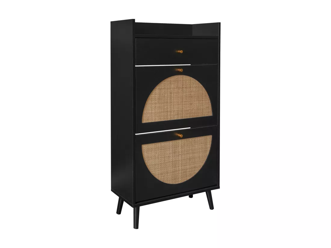 Meuble à Chaussures avec 2 Portes et 1 Tiroir, Rattan Noir, Portes Demi-Circulaires Interchangeables, Double Étagère, 60 cm, Sans Dos