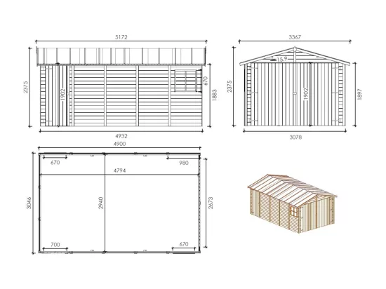 Garage en bois - 14,94m2 - 3,05x4,93m - Ep. 18mm - couleur: naturel - GAR28 - ALTANKA
