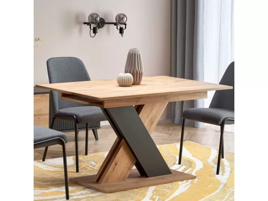 Table de salle à manger extensible avec pied central bicolore et plateau aspect chêne APODIS